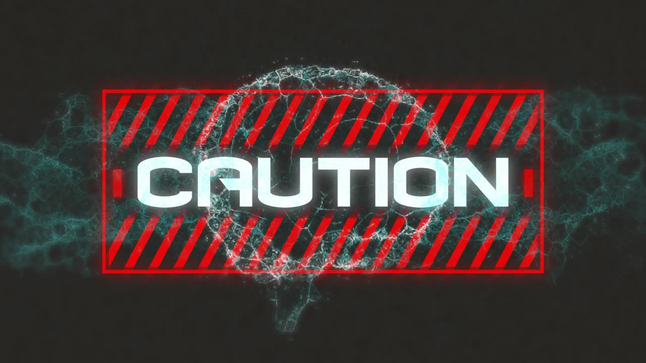 Glitching red banner starting CAUTION forming while teal brain outline swirling and pulsing to warn