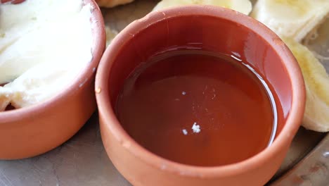 turkish breakfast with honey, yogurt, and bread