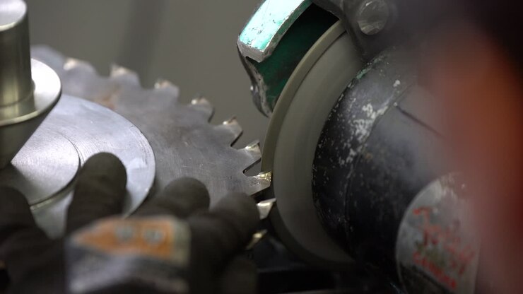 Sharpening a saw blade in a shop