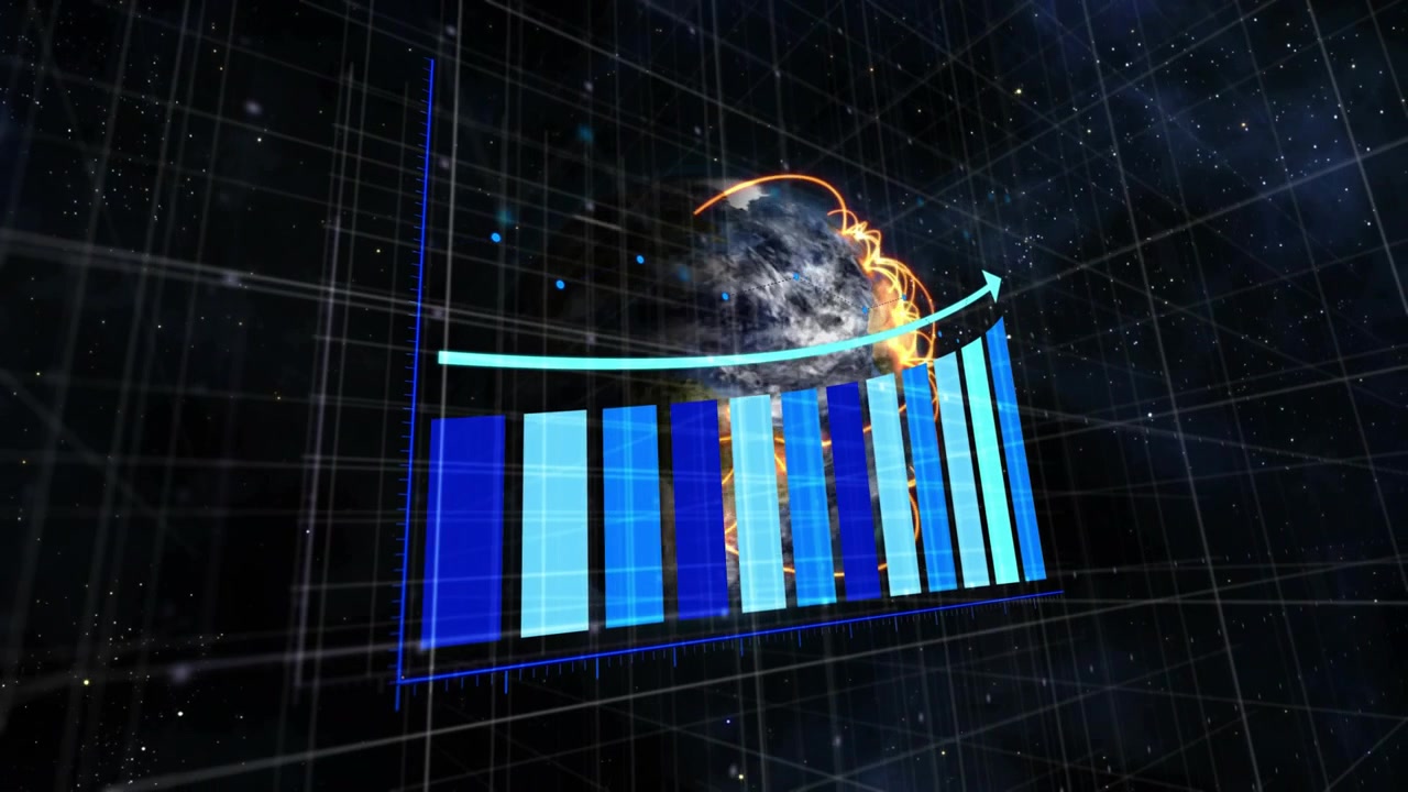 Dark grid initiating, globe emerging as bars rising and cyan arrow tracing, showing market growth