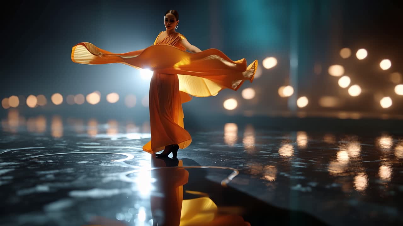 Golden dress swirls as dancer spins above wet stage. Reflections ripple beneath her, catching warm lights. Dancer's poised movement evokes grace and mystery. Ideal for luxury fashion