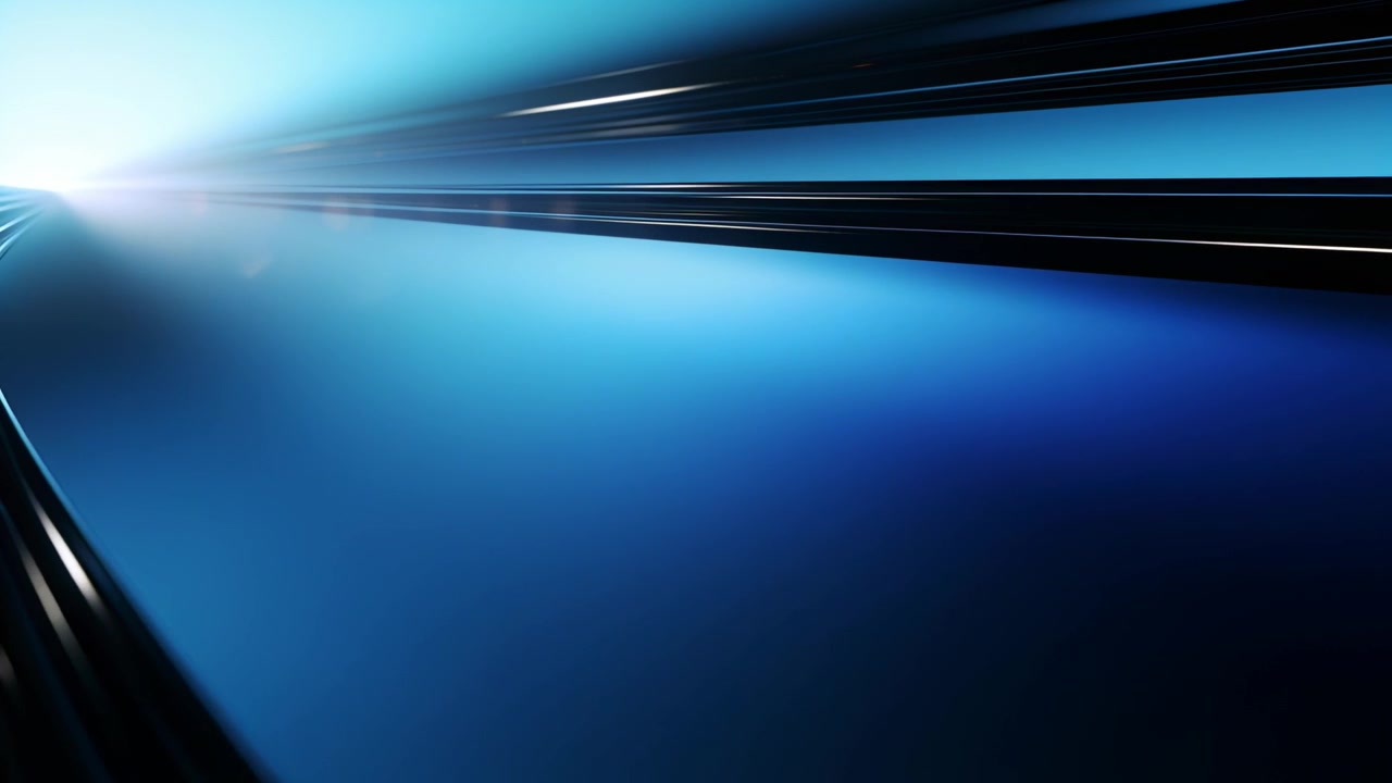 Tre binari lucidi che si muovono con un pavimento blu brillante che curva verso una luce a sinistra in uno studio, con la luce che sale.
