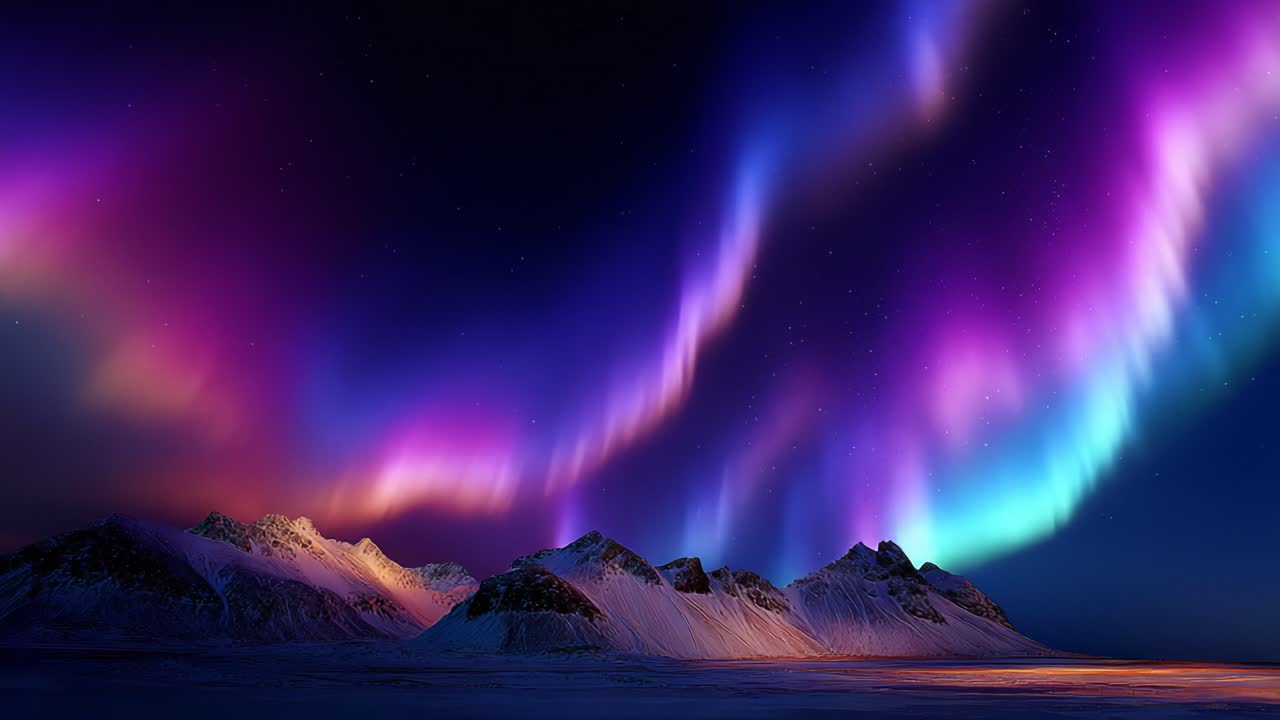 Breathtaking Aurora Borealis Display Over Majestic Snow-Capped Mountains Illuminates the Night Sky with Vibrant Colors and Striking Patterns in a Spectacular Natural Phenomenon