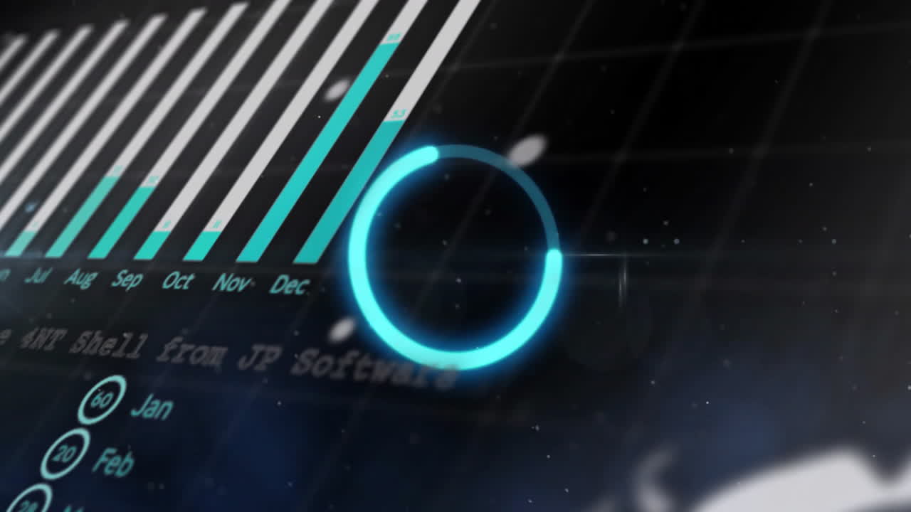 gráfico con meses y animación circular sobre fondo oscuro con líneas de cuadrícula