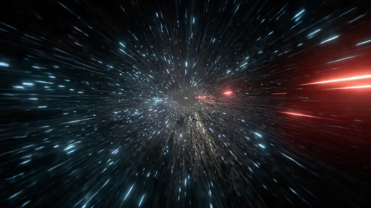Dynamische kosmische Reise durch ein lebendiges Weltall, das schnell bewegende Lichtspuren und Sterne hervorhebt und die Essenz interstellarer Reisen und galaktischer Wunder einfängt