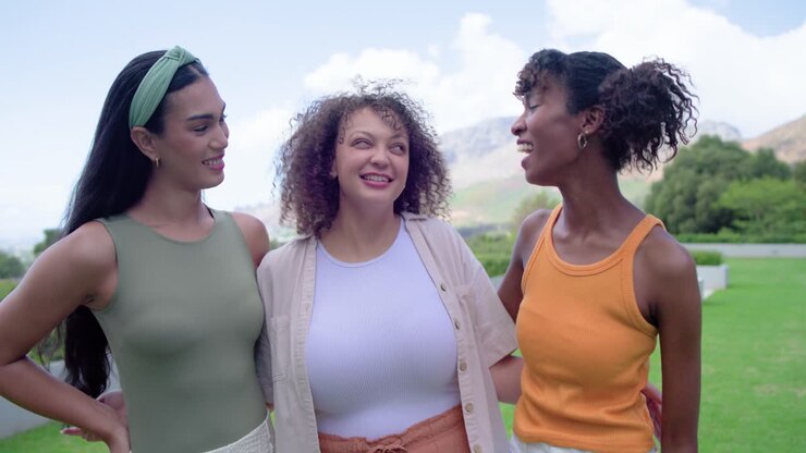 Tre amiche appoggiate, la donna a destra sussurra una battuta, quella al centro ride e china il capo sul prato.