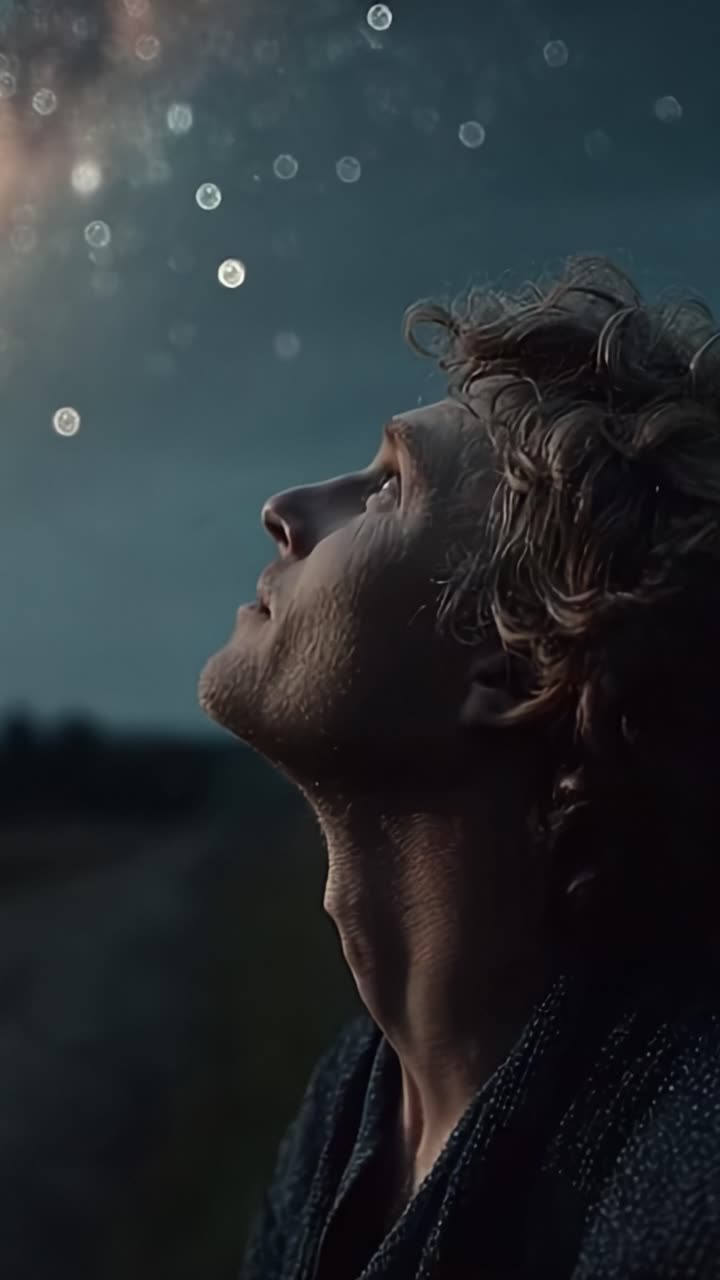 Un alma contemplativa mira hacia arriba al cielo estrellado, cautivada por la belleza celestial y las constelaciones brillantes que inspiran asombro y tranquilidad