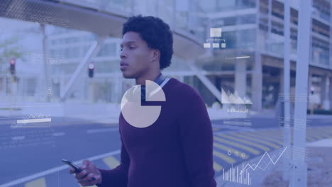 Analyzing-financial-data-animation-over-man-walking-and-using-smartphone-in-city