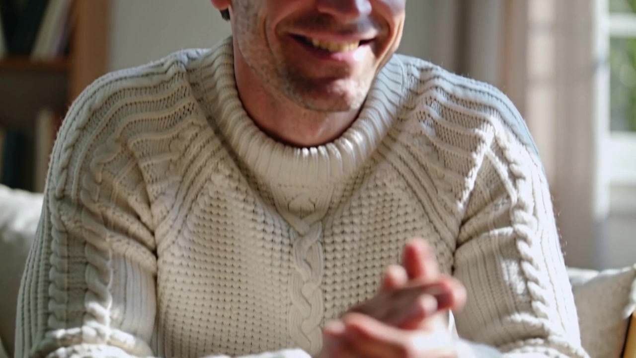 Uomo sorridente sul divano con maglione color crema risponde a una persona fuori campo mentre la telecamera si avvicina a una moneta che viene afferrata
