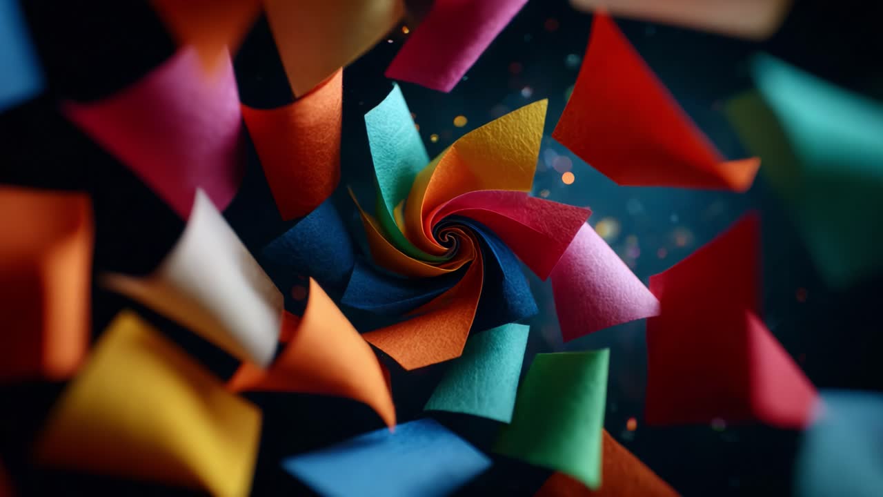 A Captivating Visual Journey Through a Swirling Array of Vibrantly Colored Paper Shapes Creating a Dynamic and Mesmerizing Spiral Effect Against a Dark Background