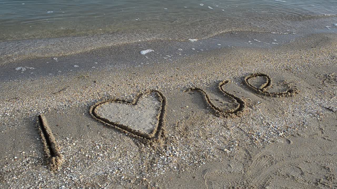 Inscription on sand. I love. Shooting on the beach