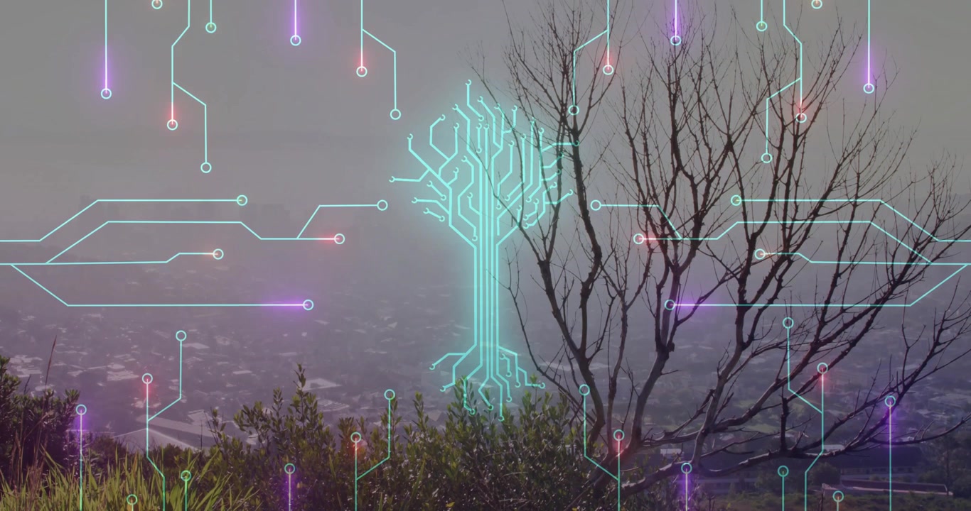 After one-second blue neon circuits materializing on bare tree over hazy skyline showing data flow