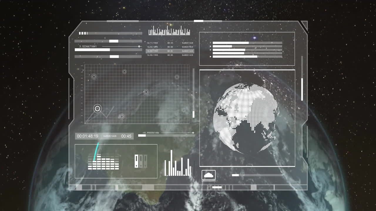 Animation of data processing on screen over globe