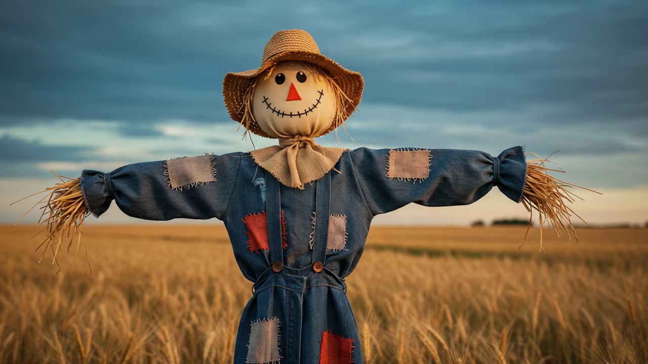 Cheerful Scarecrow Standing in a Golden Wheat Field Under a Dramatic Sky, Spreading Its Arms Wide in a Welcoming Gesture to Farmers and Nature Lovers Alike