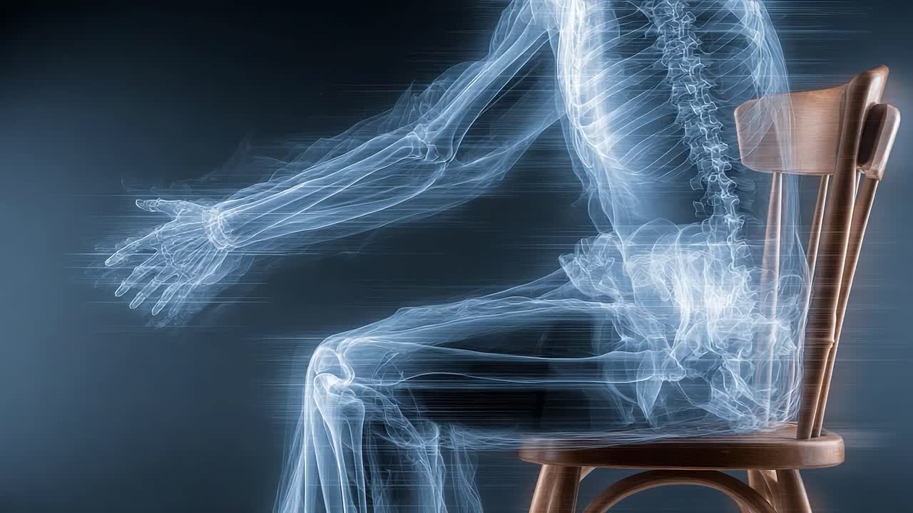 Exploring Human Anatomy: Dynamic X-ray of a Skeleton in Motion Seated on a Chair, Capturing the Intricate Details of Bones and Joints