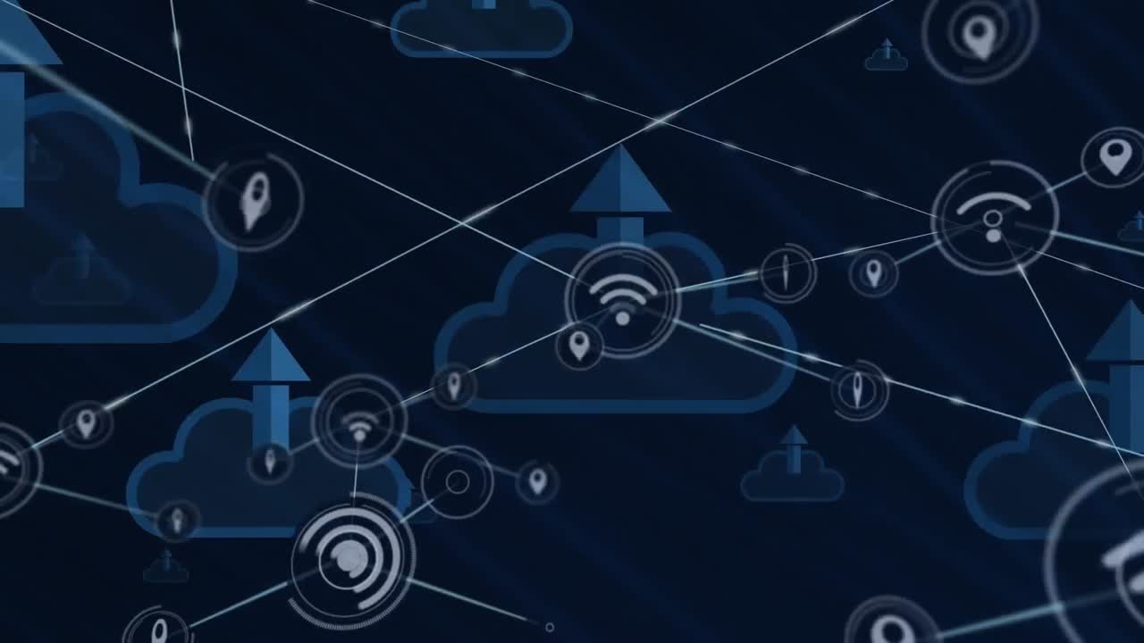 Animation of network of digital icons over cloud upload icons floating against blue background