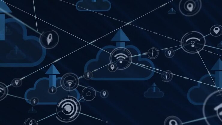 Animation of network of digital icons over cloud upload icons floating against blue background