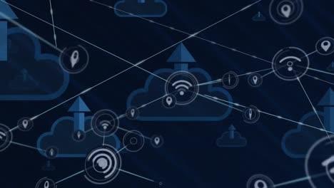animation of network of digital icons over cloud upload icons floating against blue background