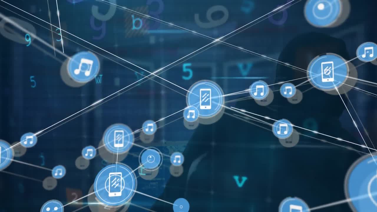 animación de la red de conexiones con iconos y procesamiento de datos sobre la sala de servidores y hacker