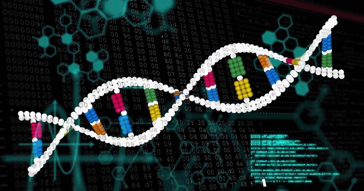 Emerging DNA helix rotating drifting and zooming amid code streams, emphasizing genetic consistency
