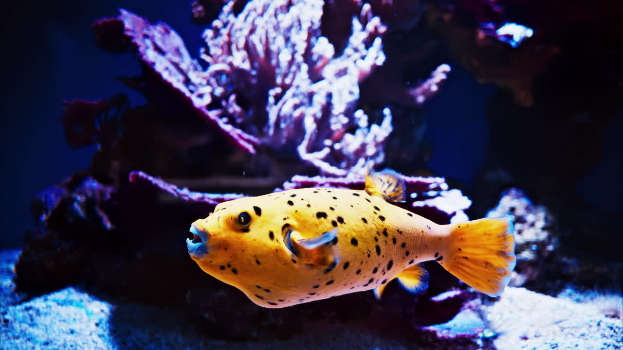 Close de um baiacu-pintado nadando perto de recifes de coral