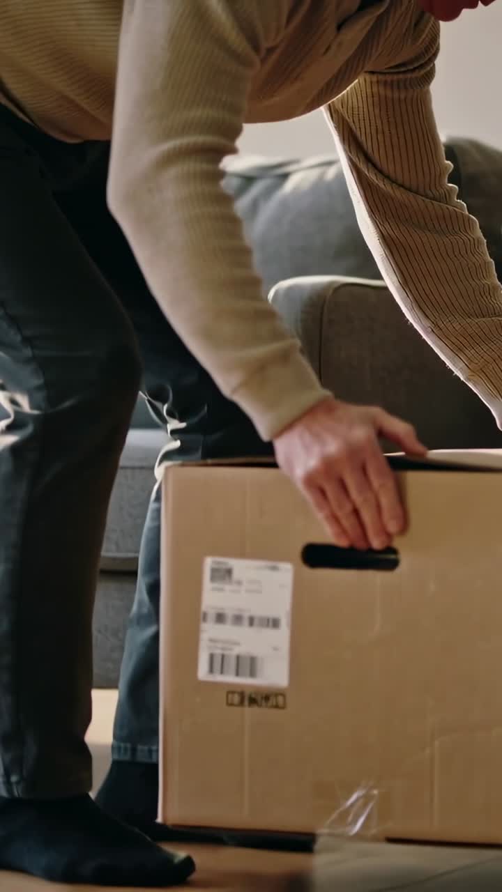 Vertical video: Carrying man in sweater lowering delivered box at home, pressing flaps, copy space