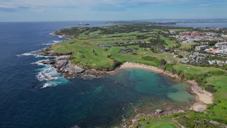 Little-Bay-Beach-With-Turquoise-Water-In-Sydney,-New-South-Wales,-Australia---Aerial-Drone-Shot