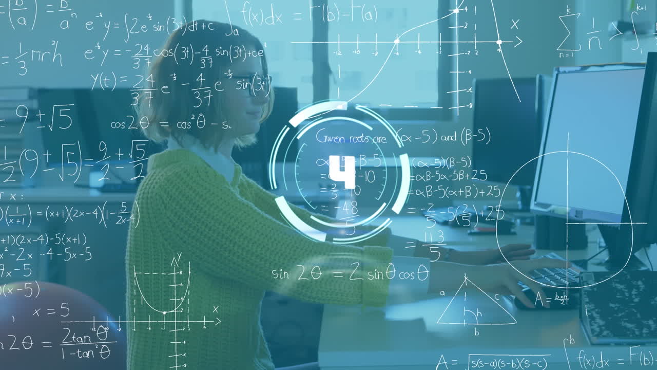 animación de reloj y fórmulas matemáticas sobre mujer de negocios usando computadora