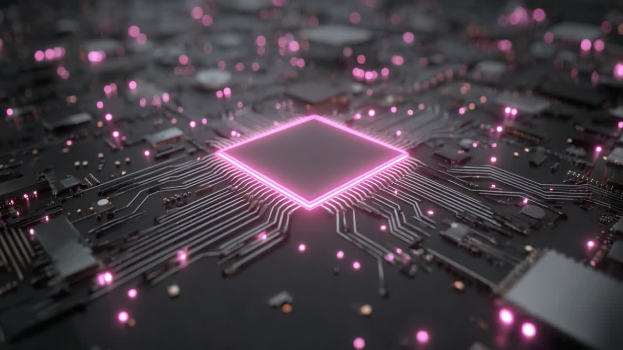 A Stunning Close-Up of a Modern Microchip with Illuminated Connections, Showcasing Advanced Technology and Circuitry in a High-Tech Environment