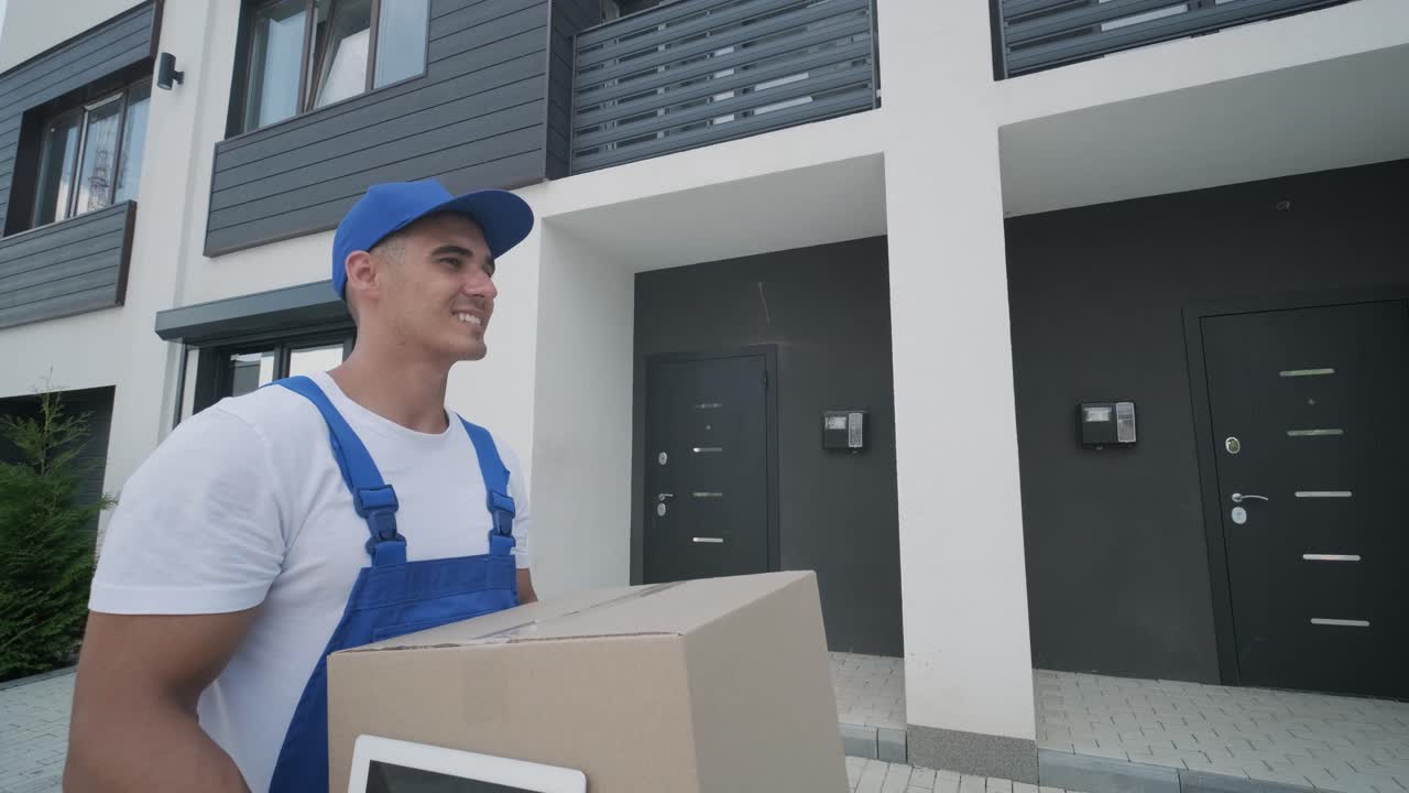 joven mensajero con un paquete y una tableta caminando por la calle para entregar una caja directamente a la casa de un cliente.