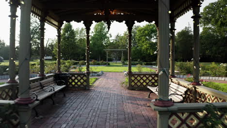 Aerial-view-flying-through-the-rose-garden-arbor-in-Roger-Williams-Park