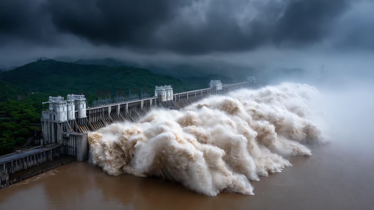 A Powerful Display of Nature: Torrential Water Flowing from a Dam Amidst Dark Stormy Clouds and a Dramatic Landscape, Showcasing the Force of Water in Motion