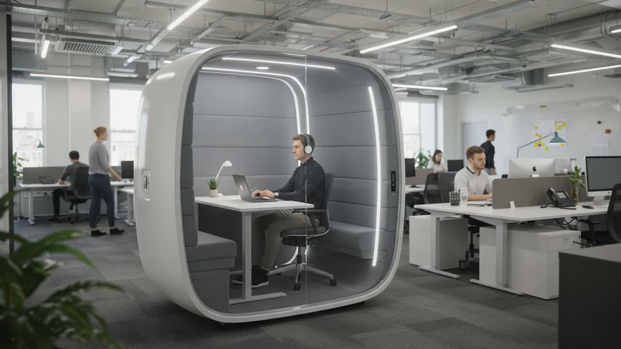 Innovative Office Design Showcasing a Modern Work Pod for Enhanced Focus and Productivity in a Collaborative Work Environment