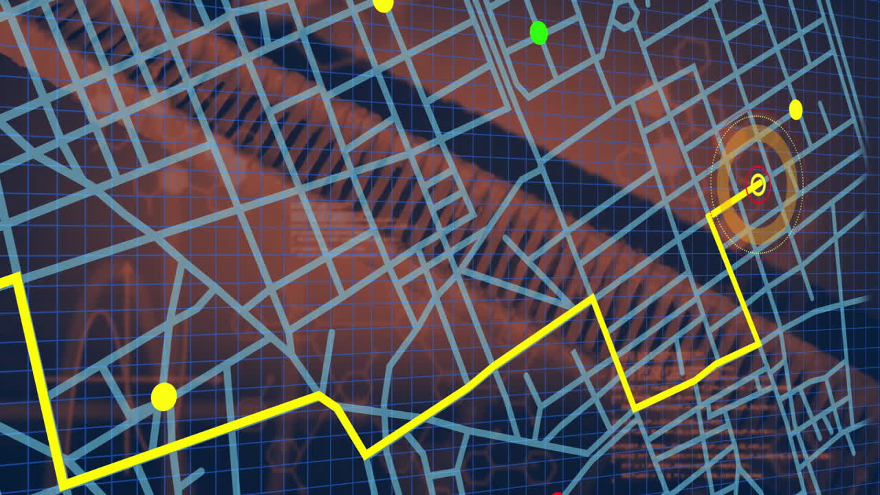 Animation of yellow line tracing path on digital city map with red markers