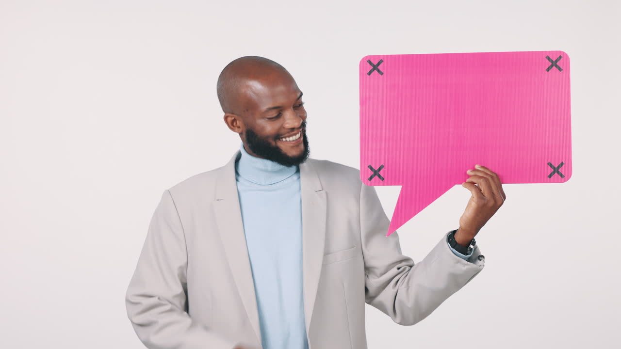 Speech bubble, black man and pointing at banner