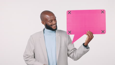 speech bubble, black man and pointing at banner