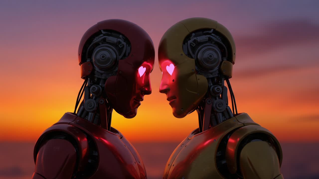Two humanoid robots with illuminated heart eyes gaze into each other's eyes against a breathtaking sunset, embodying love and connection in a futuristic setting