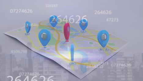 animation of digital map, numbers and cityscape