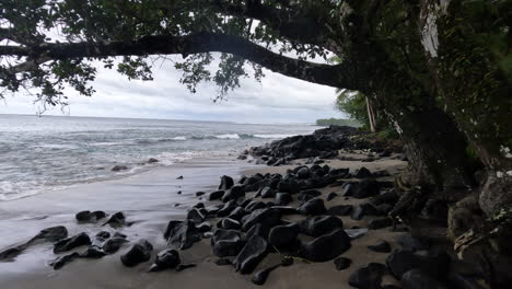 Smooth-black-lava-rocks-on-a-sandy-beach-in-Samoa