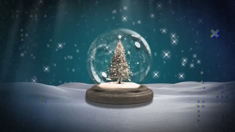 abstract shapes and shining stars over christmas tree in snow globe on winter landscape