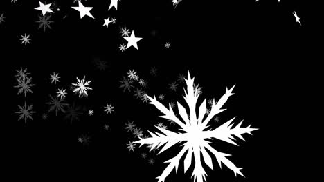 animación de estrellas de navidad y copos de nieve cayendo sobre un fondo negro
