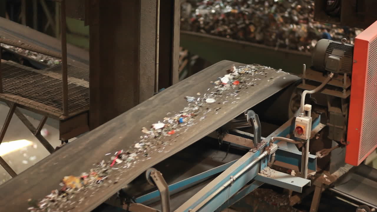 재활용품은 재활용 센터에서 컨베이어 벨트를 타고 이동합니다.