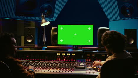 team of music engineer and artist recording tracks on greenscreen