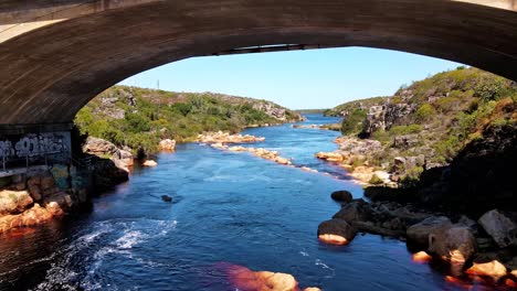 debajo de un puente de hormigón que lleva coches sobre un río que fluye suavemente en palmiet, sudáfrica