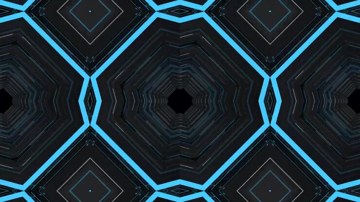 Tunnel geometrico astratto con luci al neon blu pulsanti