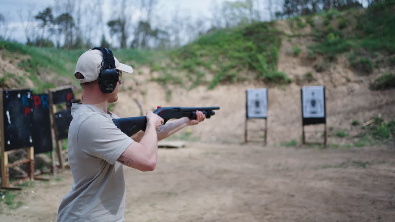 инструктор учит стрелять из дробовика начинающим, стрельбище олеско