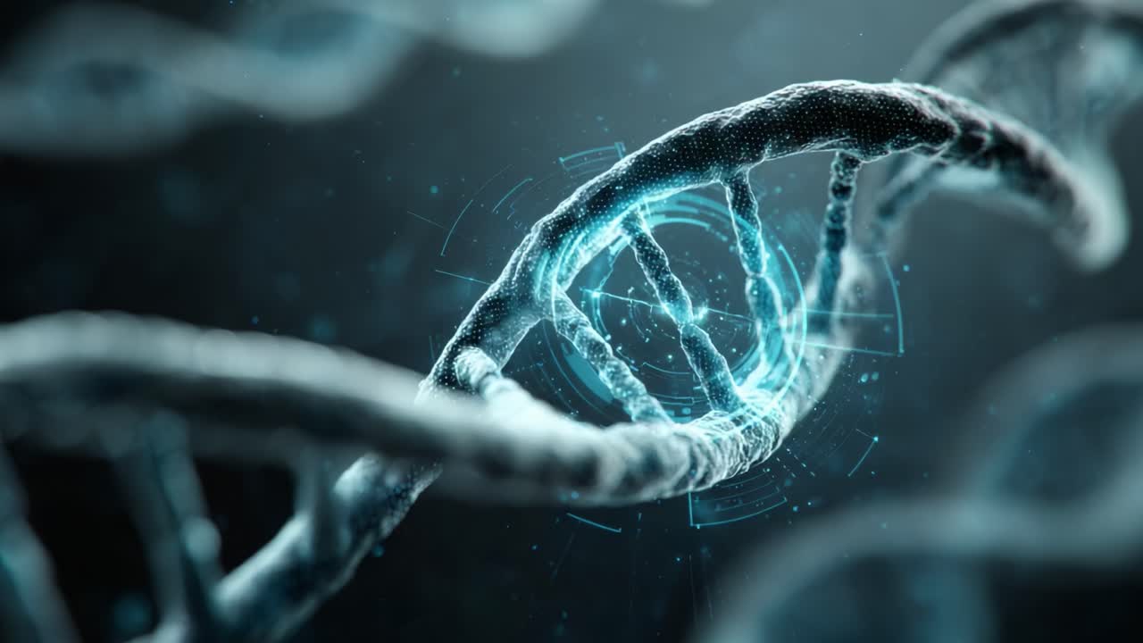 Visualizzazione Intricata della Struttura a Doppia Elica del DNA con Sovrapposizione Digitale, che Evidenzia il Materiale Genetico e la Moderna Tecnologia Scientifica nella Ricerca Genetica