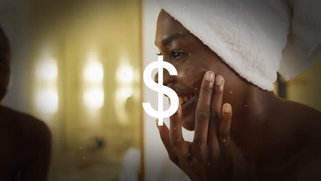 woman applying facial cream in skincare ad, displaying golden sparkles and dollar sign overlay