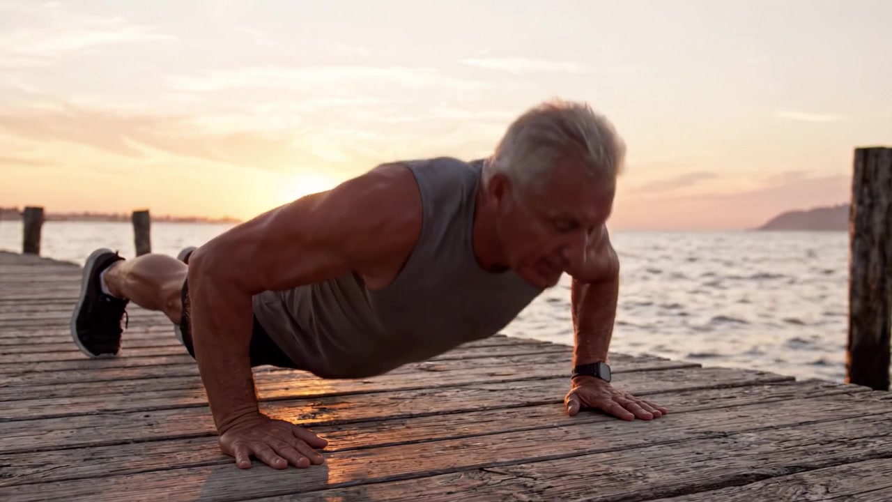 Dedicated Fitness Enthusiast Performing Push-Ups on a Scenic Dock During a Serene Sunset, Highlighting Strength and Determination in Nature's Beauty