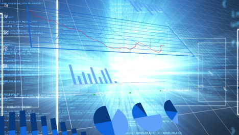 digital animation of statistical data processing against data processing on blue background